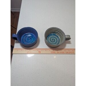 Studio Pottery Hand Thrown Mugs Set of 2 Blue Green Spiral Glaze
